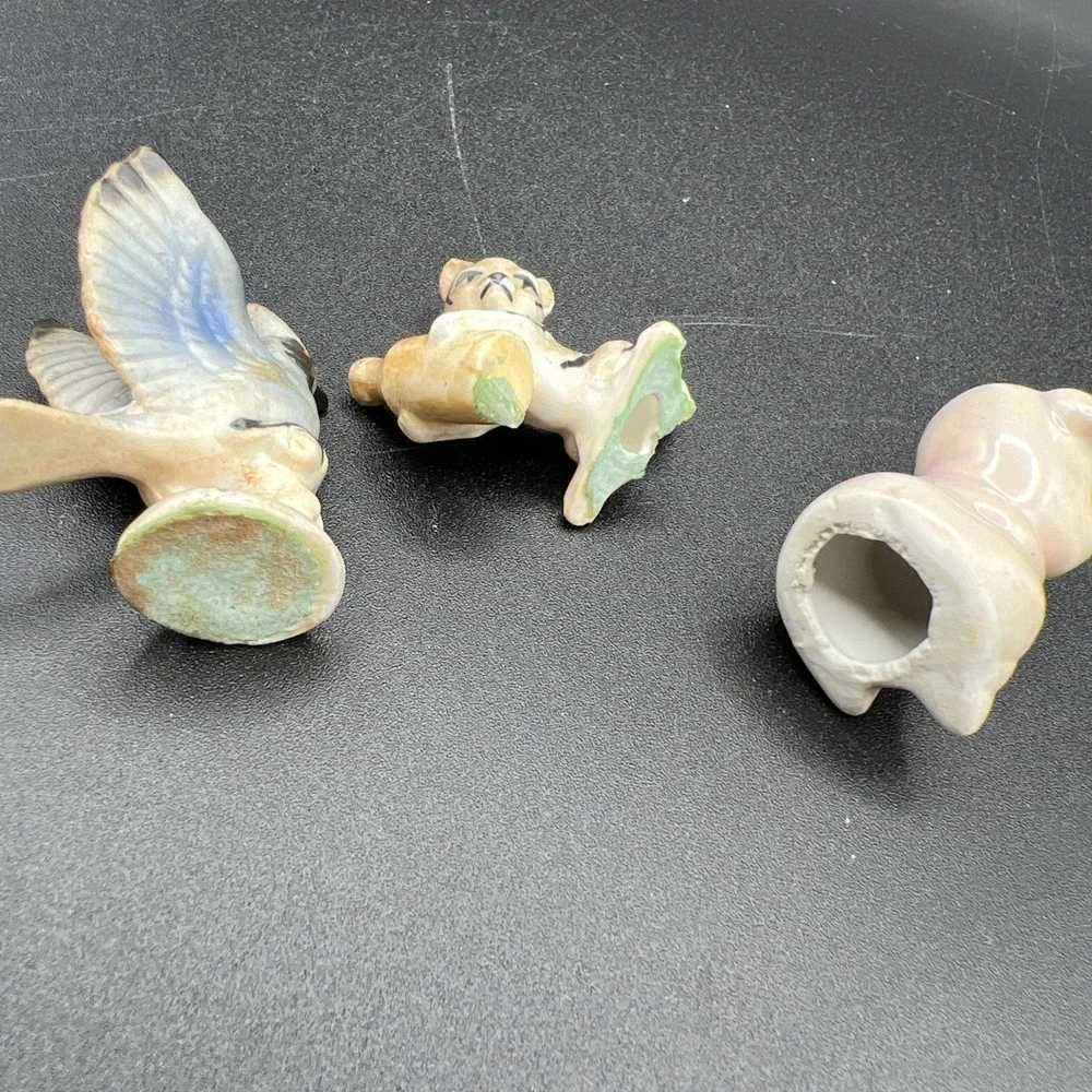 3 Mini Porcelain Figurine Animals Cat Kitten Pig Blue Jay Bird Letterpress‎ Box